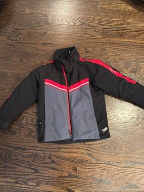 Kids Karbon Black and Gray Ski Puffer Jacket with Red Trim